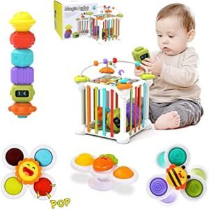 Morkka 12 juguetes Montessori para niños y niñas, juguetes sensoriales para bebés cubo colorido con 3 ventosas giratorios y laberinto de cuentas aprendizaje temprano para niños pequeños de 1-3 (12pcs)